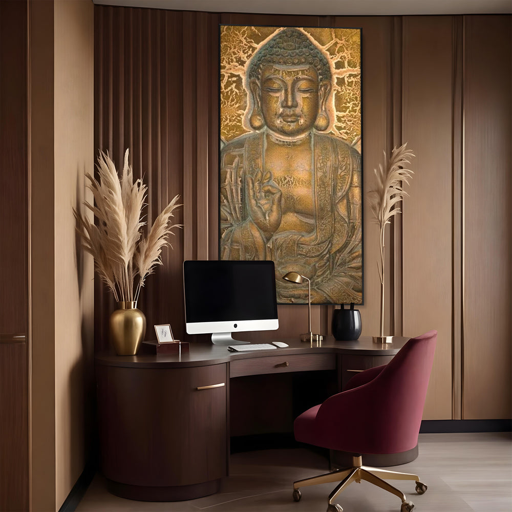 Tablou canvas cu tablou canvas cu figura lui buddha, in rama de aluminiu negru, pe perete intr-un birou